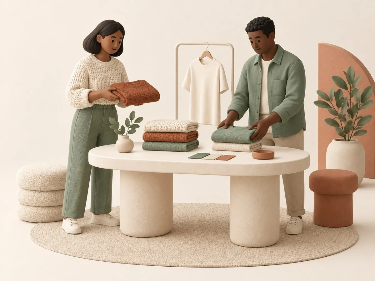 Two people folding and sorting knitwear together at a table